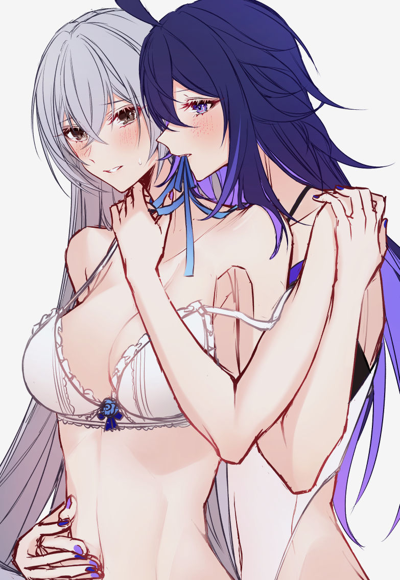 2girls ahoge alternate_costume blue_eyes blue_hair blue_nails blush bra breasts bronya_rand collarbone colored_inner_hair couple crossed_bangs english_commentary grey_hair hair_between_eyes hand_on_another's_shoulder hand_on_another's_stomach honkai:_star_rail honkai_(series) large_breasts looking_at_another multicolored_hair multiple_girls navel piiroinardesco seele_(honkai:_star_rail) simple_background underwear upper_body white_background white_bra yuri