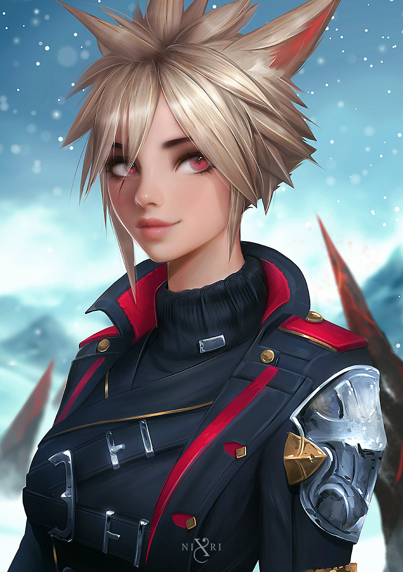 1girl animal_ears blonde_hair blurry blurry_background cat_ears day final_fantasy final_fantasy_xiv hair_between_eyes jacket lips looking_at_viewer miqo'te nixri open_clothes open_jacket outdoors red_eyes short_hair snowing solo turtleneck upper_body warrior_of_light_(ff14)