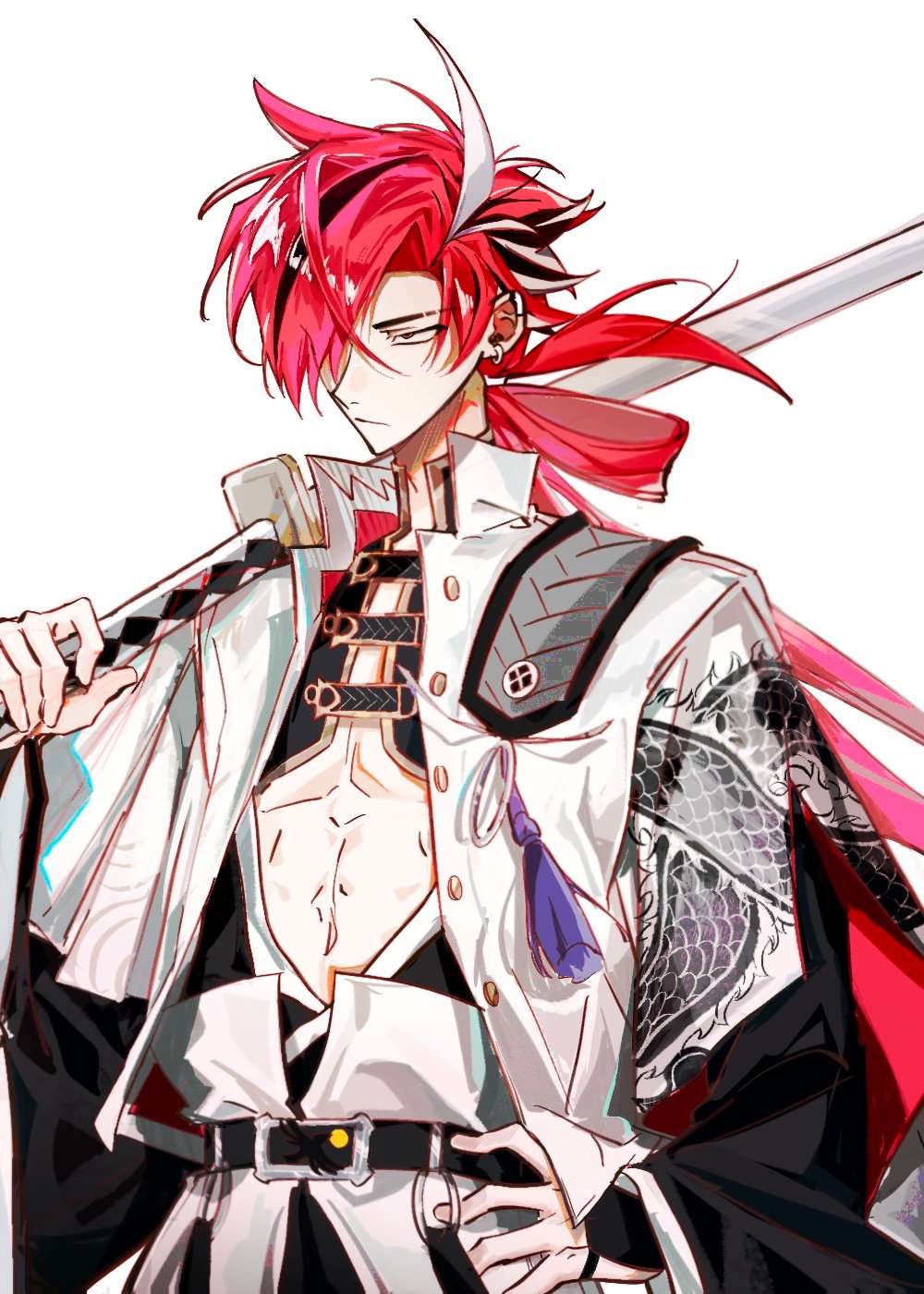 1boy black_hair brendas46157301 dragon_print earrings eyebrow_cut fate/grand_order fate_(series) hair_over_one_eye hand_on_own_hip highres holding holding_sword holding_weapon jacket japanese_clothes jewelry long_hair long_sleeves looking_to_the_side male_focus multicolored_hair nagatekkou over_shoulder pectoral_cleavage pectorals red_eyes red_hair simple_background solo streaked_hair sword sword_over_shoulder takasugi_shinsaku_(fate) underpec upper_body weapon weapon_over_shoulder white_background white_hair white_jacket