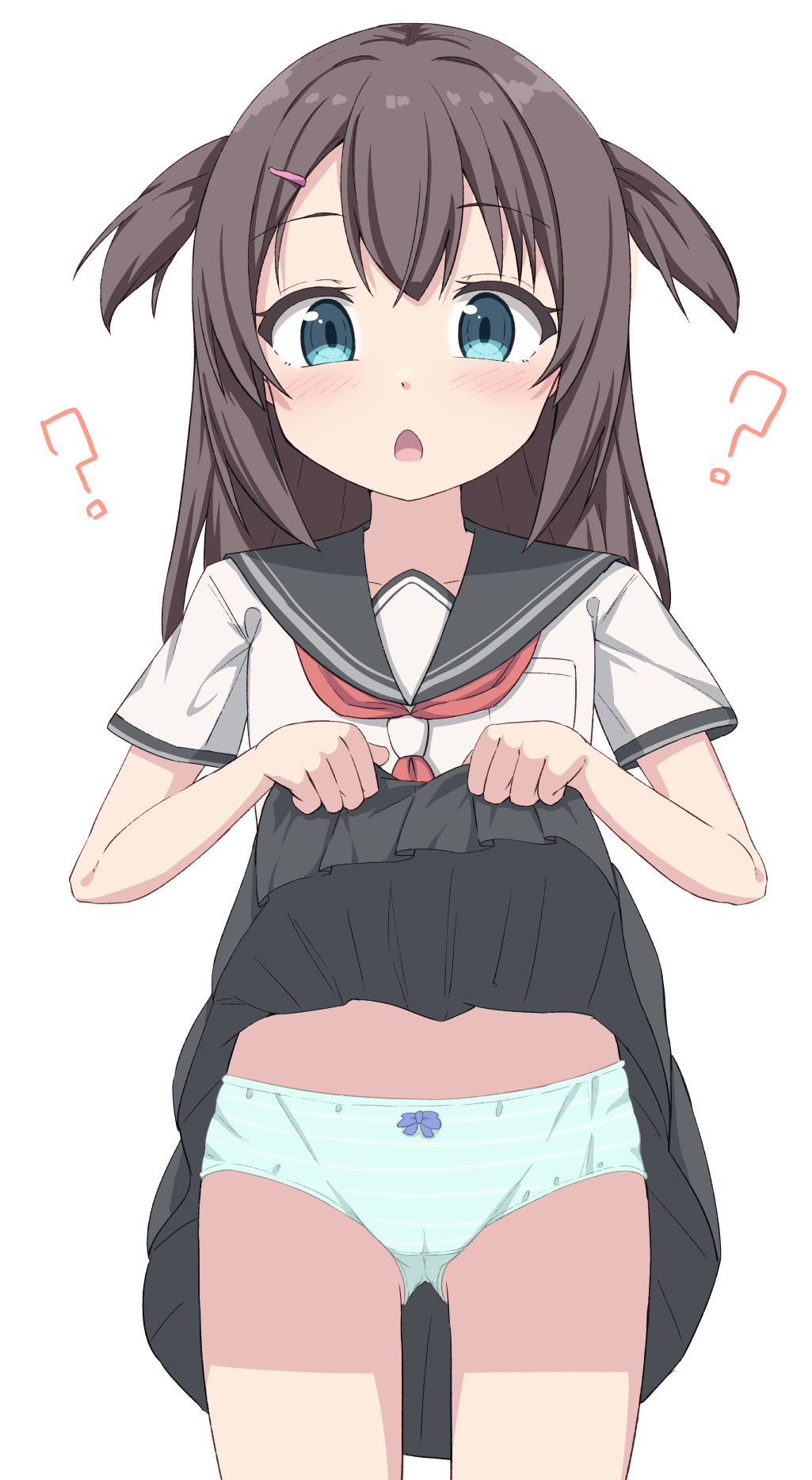 1girl ? black_sailor_collar black_skirt blue_eyes blush bow bow_panties brown_hair hair_between_eyes hair_ornament hairclip highres lifted_by_self long_hair looking_at_viewer neckerchief open_mouth original panties pleated_skirt red_neckerchief sailor_collar school_uniform serafuku shirt short_sleeves simple_background skirt solo standing takasuma_hiro translation_request two_side_up underwear white_background white_panties white_shirt