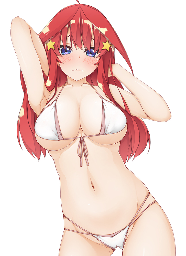 1girl :c ahoge armpits arms_up ass_visible_through_thighs bikini blue_eyes blush breasts cameltoe cleavage closed_mouth collarbone commentary_request cowboy_shot curvy eyelashes front-tie_bikini_top front-tie_top frown furrowed_brow go-toubun_no_hanayome groin hair_ornament hand_in_own_hair hinata_masaki large_breasts long_hair looking_at_viewer nakano_itsuki navel red_hair shiny_skin shy sidelocks solo standing star_(symbol) star_hair_ornament stomach swimsuit white_bikini