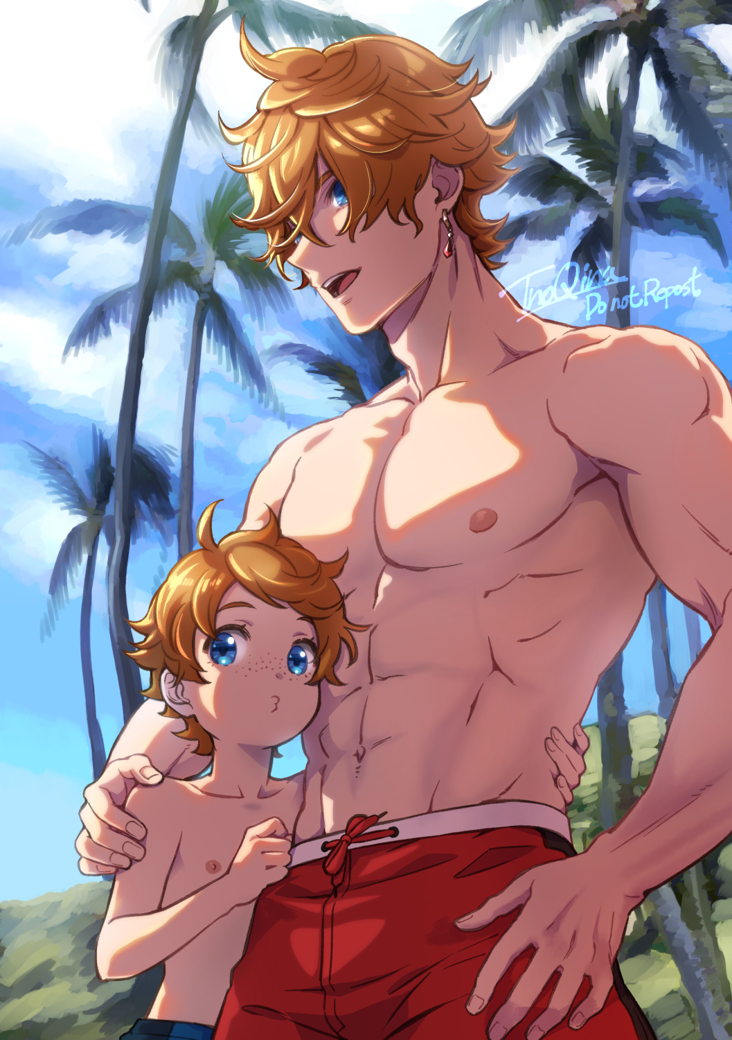 2boys abs age_difference blue_hair blue_sky brothers cloud freckles genshin_impact hand_on_another's_shoulder hand_on_another's_waist hand_on_own_hip highres hill looking_at_viewer male_focus male_swimwear multiple_boys muscular muscular_male navel nipples open_mouth orange_hair palm_tree pectorals pout red_male_swimwear siblings signature single_arm_hug size_difference sky tartaglia_(genshin_impact) teeth teucer_(genshin_impact) tnoqina tree upper_teeth_only