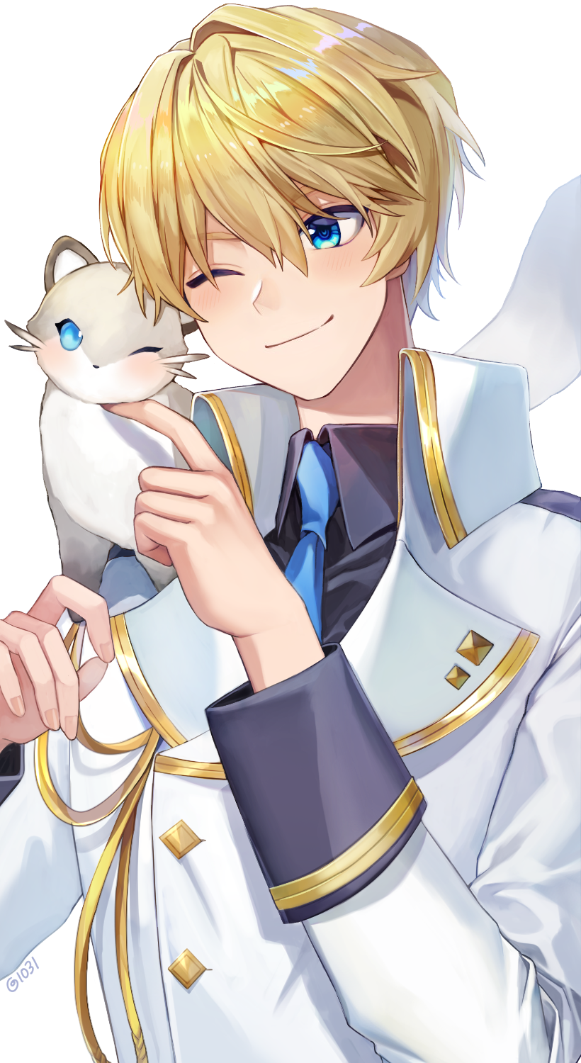 1boy ;) aiguillette animal_on_shoulder black_shirt blonde_hair blue_eyes blue_necktie buttons closed_mouth collared_jacket collared_shirt creepyday diamond_button ferret gold_trim hair_between_eyes hand_up highres hiyamaru holostars jacket kishido_temma lapel_pin light_blush long_sleeves looking_at_animal male_focus necktie one_eye_closed shirt short_hair simple_background sleeve_cuffs smile solo upper_body virtual_youtuber white_background white_jacket