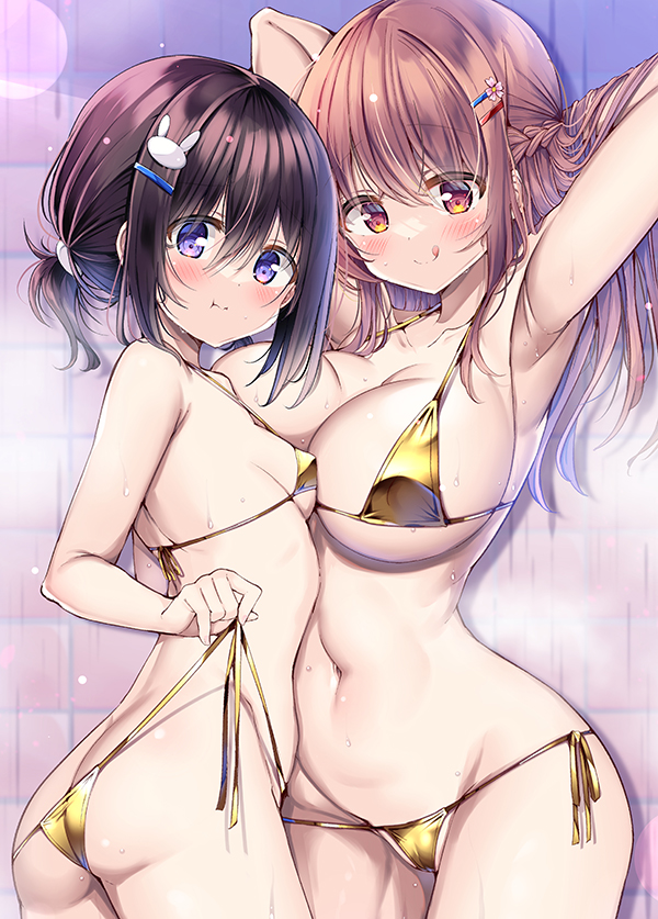 2girls :q armpits arms_behind_head ass bikini black_hair blush braid breasts brown_eyes closed_mouth collarbone gold_bikini hair_ornament hairclip kurou_(quadruple_zero) large_breasts long_hair looking_at_viewer multiple_girls navel original pout purple_eyes rabbit_hair_ornament red_hair side-tie_bikini_bottom small_breasts solo sweat swimsuit tongue tongue_out