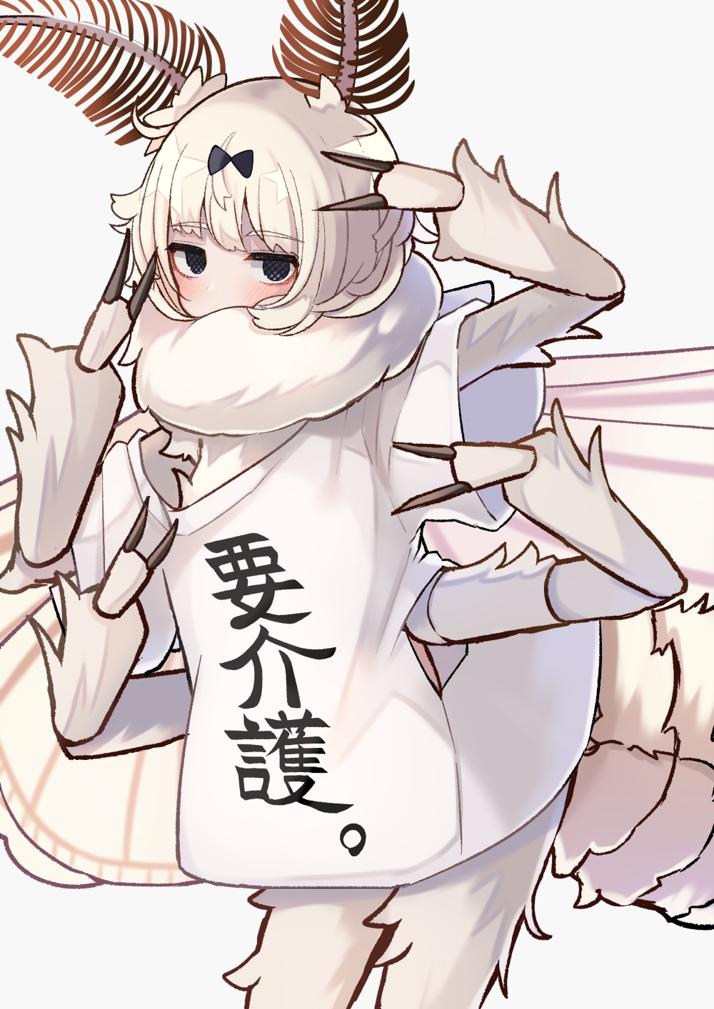1girl arthropod_girl black_bow black_eyes blunt_bangs blush bow carapace commentary_request compound_eyes covered_mouth cowboy_shot extra_arms fewer_digits hair_bow highres kaiko-chan_(planhaplalan) light_brown_hair looking_at_viewer medium_bangs moth_antennae moth_girl moth_wings neck_fur original plan_(planhaplalan) shirt short_hair short_sleeves simple_background solo star_(symbol) white_background white_shirt wings