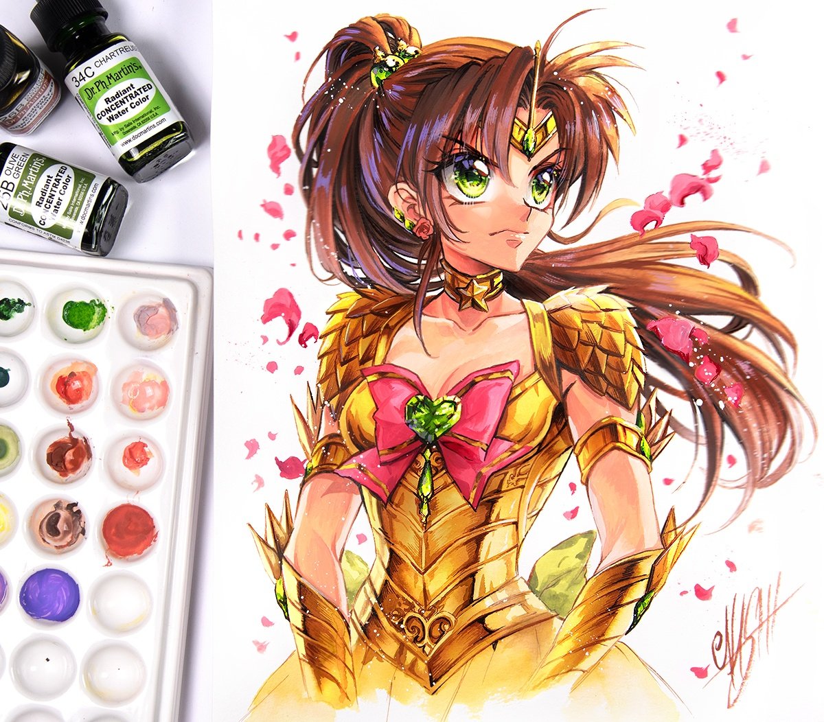 armor bishoujo_senshi_sailor_moon breasts brown_hair circlet cleavage dress earrings elbow_gloves flower_earrings gem gloves gold gold_armor gold_choker green_eyes green_gemstone hair_bobbles hair_ornament ink jewelry kino_makoto medium_hair nashi_juni ponytail sailor_jupiter shoulder_guard sidelocks traditional_media yellow_dress