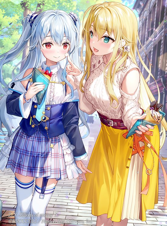 2girls :d bare_shoulders blonde_hair blue_eyes blue_sky blush breasts building center_frills character_request closed_mouth clothing_cutout collared_shirt commentary_request crepe day food food_on_face frills fruit fujima_takuya grey_hair hair_between_eyes holding holding_food kagamihara_azumi long_hair long_sleeves medium_breasts multiple_girls official_art outdoors plaid plaid_skirt pleated_skirt red_eyes shirt shoulder_cutout skirt sky sleeveless sleeveless_shirt smile strawberry sweater tree two_side_up very_long_hair white_shirt white_sweater yellow_skirt z/x