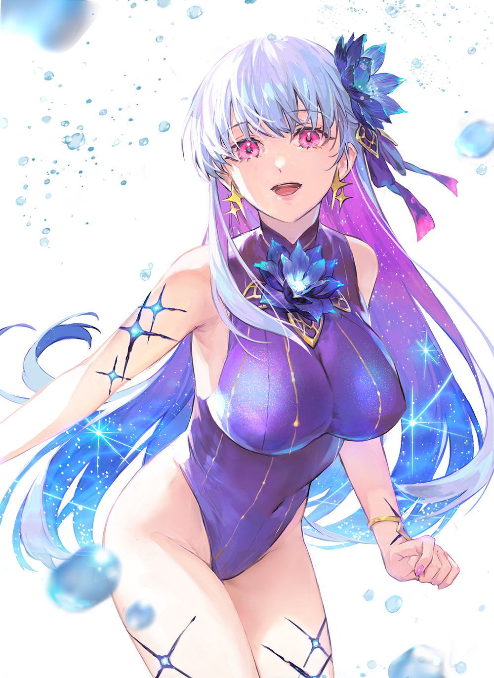 1girl blue_flower blue_hair body_markings bracelet breasts earrings embroidery fate/grand_order fate_(series) flower gold hair_between_eyes hair_flower hair_ornament hair_ribbon harupy highres jewelry kama_(fate) kama_(swimsuit_avenger)_(fate) large_breasts long_hair looking_at_viewer multicolored_hair one-piece_swimsuit open_mouth pink_eyes pink_lips pink_nails purple_hair purple_one-piece_swimsuit purple_ribbon ribbon sky solo star_(sky) starry_sky swimsuit thighs water_drop white_background white_hair