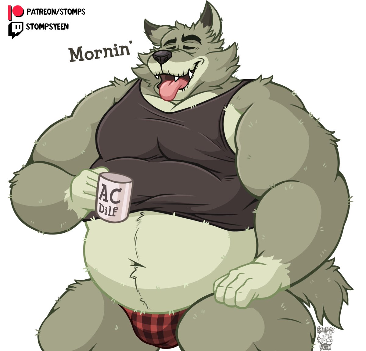 2023 animal_crossing anthro belly biceps bulge canid canine canis clothed clothing coffee_mug dialogue dobie_(animal_crossing) english_text eyebrows eyes_closed fur holding_object male mammal mature_anthro mature_male musclegut muscular muscular_anthro muscular_male navel nintendo old open_mouth open_smile overweight overweight_anthro overweight_male patreon pecs shirt simple_background sitting smile solo stompsthecroc talking_to_viewer tank_top teeth text text_on_coffee_mug thick_thighs thong tongue tongue_out topwear tuft twitch.tv underwear url watermark white_background wolf