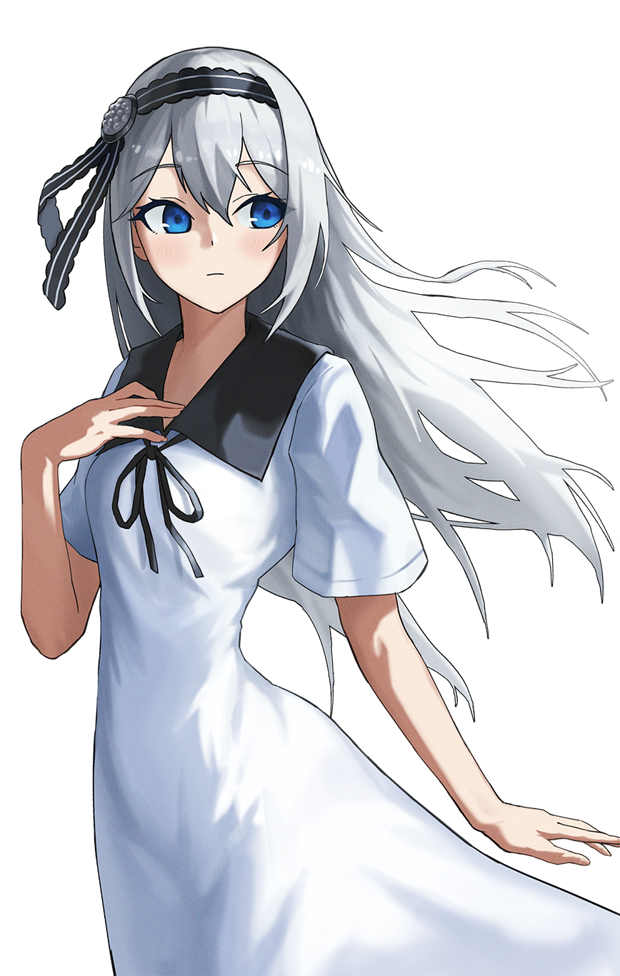 1girl black_hairband black_ribbon blue_eyes blush breasts closed_mouth dress expressionless floating_hair hairband hand_on_own_chest highres kaguya-sama_wa_kokurasetai_~tensai-tachi_no_renai_zunousen~ long_hair looking_to_the_side mandei_(nao_1234567) narrow_waist ribbon shirogane_kei short_sleeves simple_background small_breasts solo standing white_background white_dress white_hair