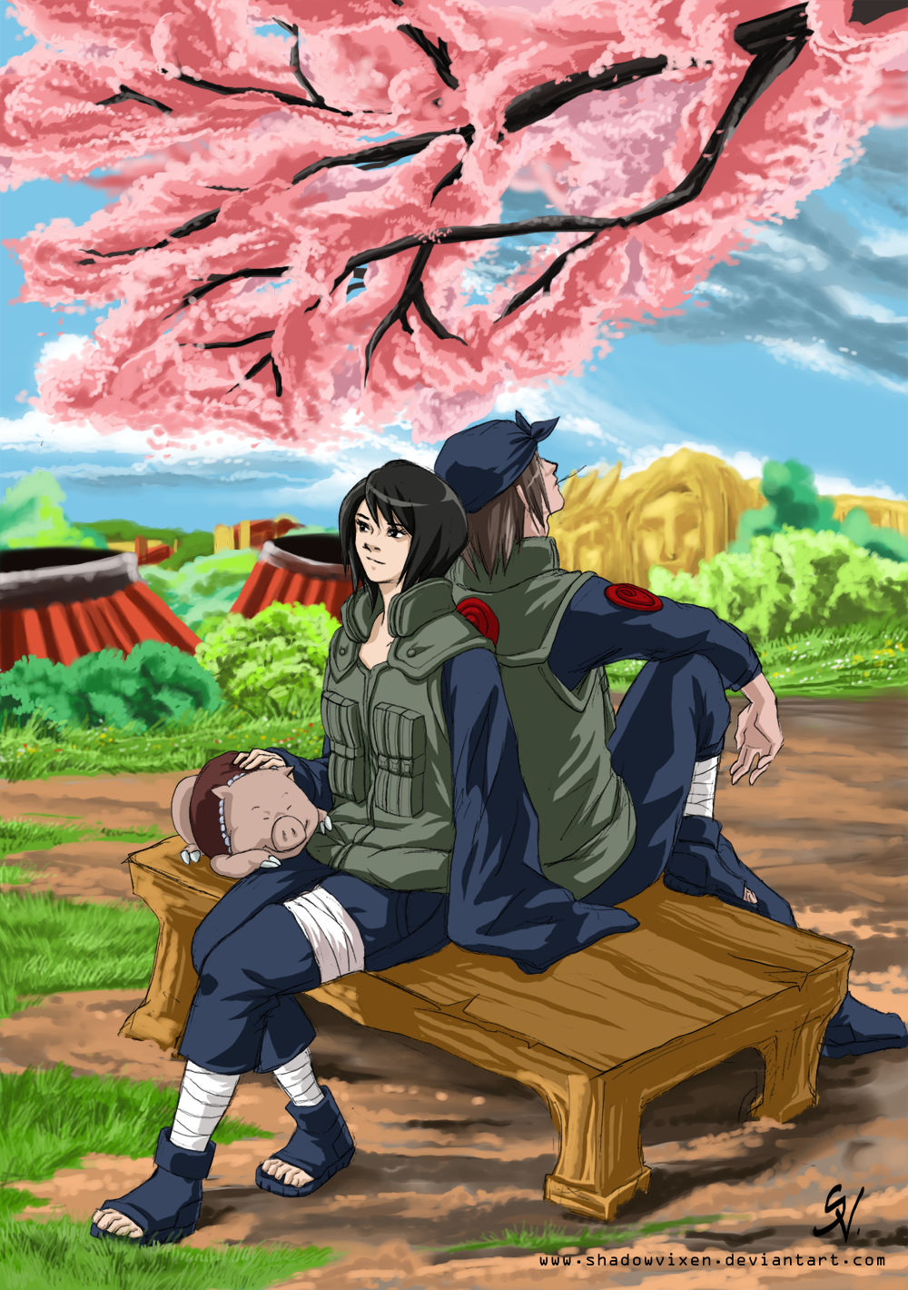 1boy 1girl animal back-to-back bandana black_hair brown_hair closed_mouth day full_body highres jewelry naruto naruto_(series) necklace ninja outdoors pearl_necklace pig shadowvixen shiranui_genma shizune_(naruto) short_hair signature sitting sleeping tonton_(naruto) toothpick tree web_address