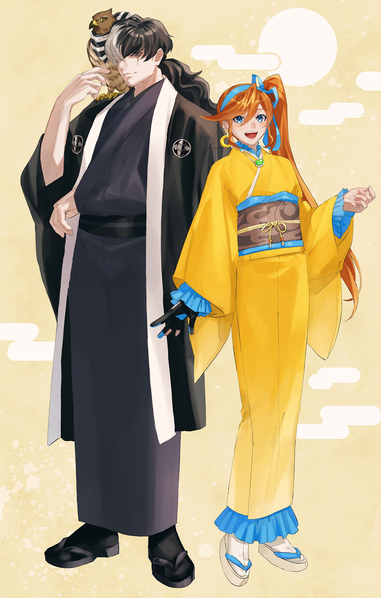 1boy 1girl :d ace_attorney arm_at_side athena_cykes bird black_eyes black_hair black_jacket black_sash black_socks blue_eyes blue_hairband blue_ribbon blush brown_sash closed_mouth crescent crescent_earrings earrings egasumi eyeshadow frilled_kimono frills full_body grey_kimono hair_ribbon hairband hand_up haori hawk highres jacket japanese_clothes jewelry kimono layered_sleeves long_hair looking_at_viewer low_ponytail makeup multicolored_hair necklace obi obiage obijime open_mouth orange_background orange_hair pale_skin ribbon sash side_ponytail sidelocks simon_blackquill smile socks standing swept_bangs tabi taka_(ace_attorney) two-tone_hair very_long_hair waist_sash white_hair white_socks yellow_kimono yymmawo_vv2