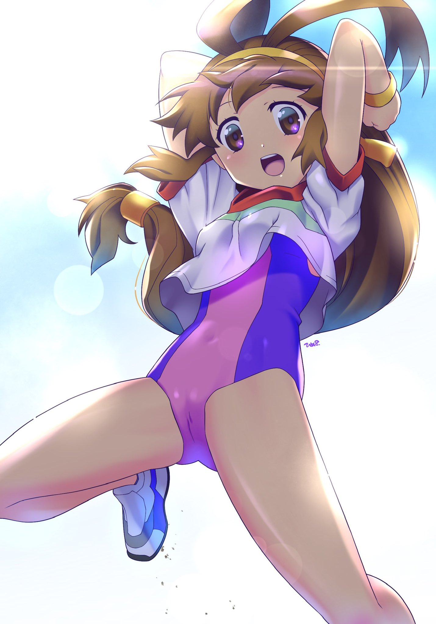 antenna_hair arms_up athletic_leotard battle_athletes blue_leotard brown_eyes brown_hair headband highres himewachi jumping kanzaki_akari leg_up legs_apart leotard long_hair low-tied_long_hair open_mouth pink_leotard shirt shoes short_sleeves smile thighs two-tone_leotard white_footwear white_shirt wristband yellow_headband