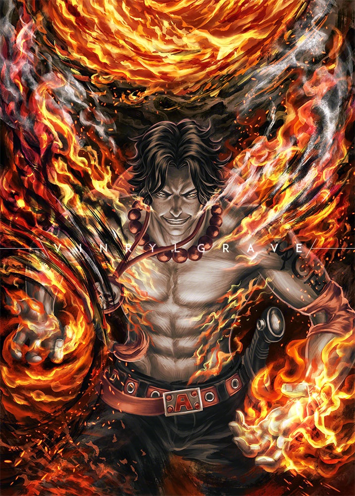 1boy arm_tattoo artist_name bead_necklace beads black_hair commentary english_commentary fire freckles jewelry male_focus necklace one_piece portgas_d._ace short_hair smile solo tattoo topless_male vinrylgrave