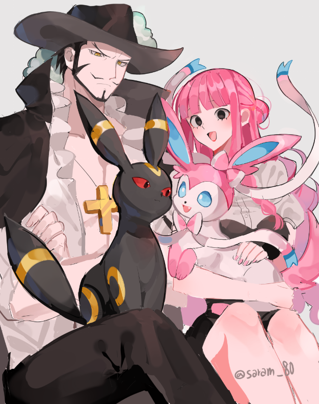 1boy 1girl bad_id bad_twitter_id beard black_coat black_eyes black_headwear black_pants blue_eyes coat commentary_request cross_pendant crossed_arms crossover dracule_mihawk eyelashes facial_hair hat hat_feather joman korean_commentary looking_at_another mustache one_piece pants perona pink_hair pink_ribbon pokemon pokemon_(creature) red_eyes ribbon shirt short_hair sidelocks simple_background sitting smile sylveon umbreon white_background white_shirt yellow_eyes