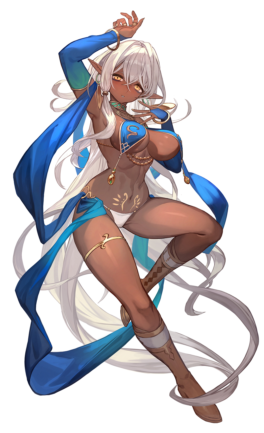 1girl bags_under_eyes belly_dancing blonde_hair blush boots breast_curtains breasts cleavage dancer dark-skinned_female dark_elf dark_skin dynamic_pose elf expressionless full_body highres jewelry lack large_breasts long_hair looking_at_viewer navel original panties pointy_ears pubic_tattoo revealing_clothes simple_background solo tattoo thighlet toned underboob underwear very_dark_skin very_long_hair white_background white_hair white_panties