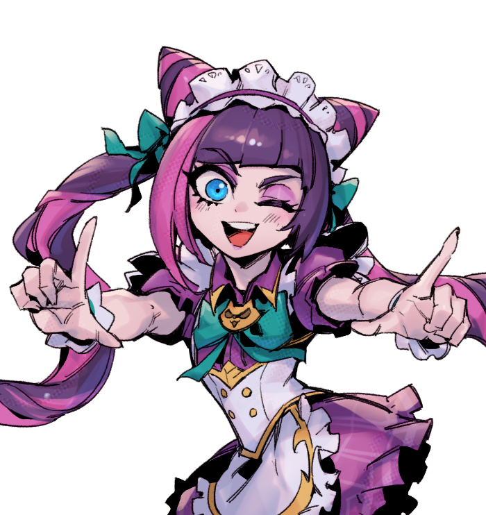 1girl :d ;d apron blush bow bowtie buttons cafe_cuties_jinx cat_ornament cone_hair_bun double-breasted dress green_bow green_bowtie green_eyes hair_bun hands_up index_finger_raised jinx_(league_of_legends) league_of_legends maid_headdress official_alternate_costume one_eye_closed open_mouth phantom_ix_row pink_dress pink_shirt puffy_short_sleeves puffy_sleeves reference_request shirt short_sleeves simple_background smile solo teeth tongue upper_teeth_only waist_apron white_background wrist_cuffs