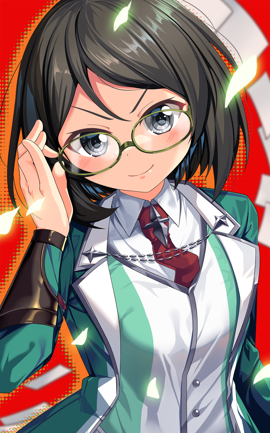 1girl black_hair commentary_request cosplay glasses green-framed_eyewear green_jacket grey_eyes highres ikuno_dictus_(umamusume) ikuno_dictus_(umamusume)_(cosplay) jacket kantai_collection kirishima_(kancolle) necktie red_necktie shirt short_hair solo umamusume upper_body white_shirt yasume_yukito