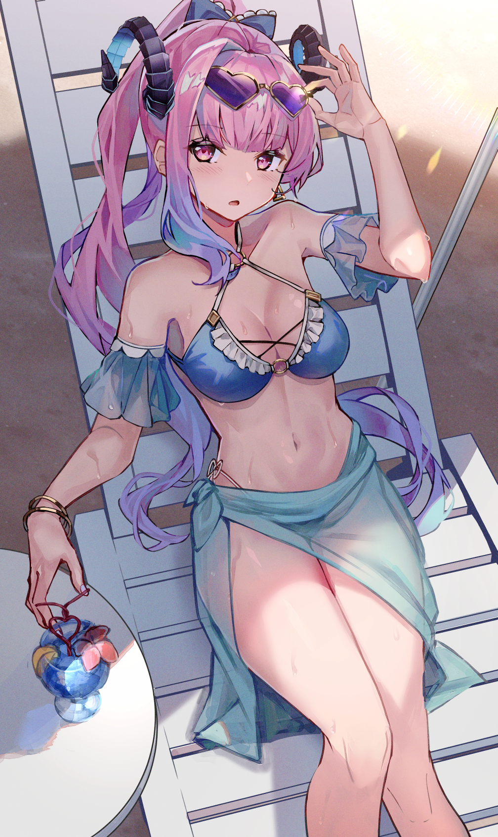 1girl adjusting_eyewear arm_up beach_chair bikini blue_bikini bracelet breasts collarbone cup drinking_glass fuyubi_rikka gradient_hair highres hopepe horns indie_virtual_youtuber jewelry long_hair looking_at_viewer lying medium_breasts multicolored_hair navel o-ring o-ring_bikini on_back parted_lips pink_eyes pink_hair ponytail purple-tinted_eyewear purple_hair reclining solo swimsuit table tinted_eyewear virtual_youtuber yellow-framed_eyewear