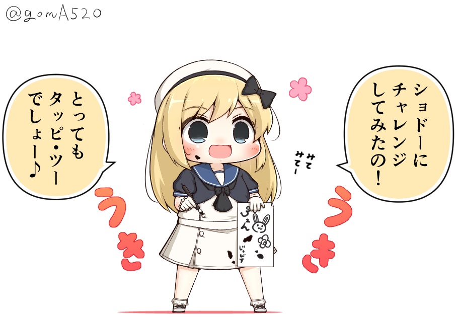 1girl blonde_hair blue_eyes blue_sailor_collar chibi commentary_request dirty dirty_clothes dirty_face drawing dress full_body gloves goma_(yoku_yatta_hou_jane) hat holding jervis_(kancolle) kantai_collection long_hair open_mouth paintbrush sailor_collar sailor_dress sailor_hat short_sleeves simple_background solo standing translation_request twitter_username wavy_mouth white_background white_dress white_gloves white_headwear