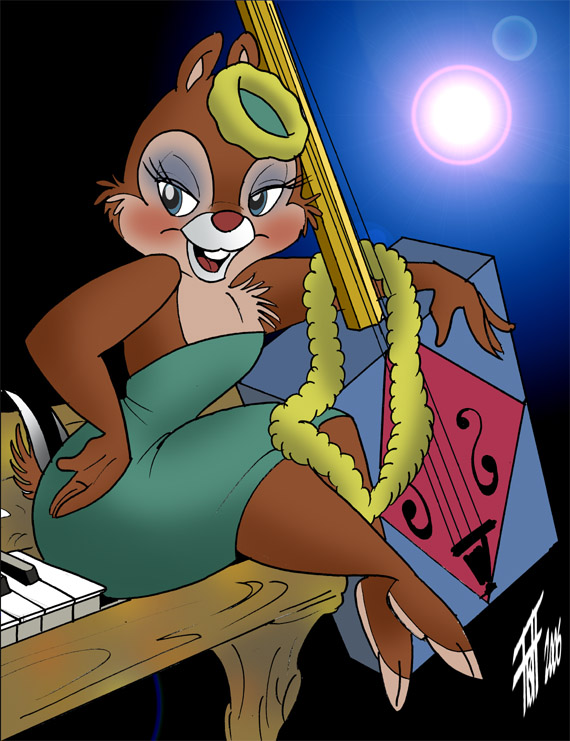 2006 anthro barefoot blue_eyes blue_eyeshadow blush brown_body brown_fur buckteeth chip_'n_dale chipmunk chris_fischer clarice_(disney) clothed clothing disney dress eyeshadow feet female fur ground_squirrel keyboard_instrument lei makeup mammal musical_instrument open_mouth piano red_nose rodent sciurid scut_tail short_tail solo tail teeth