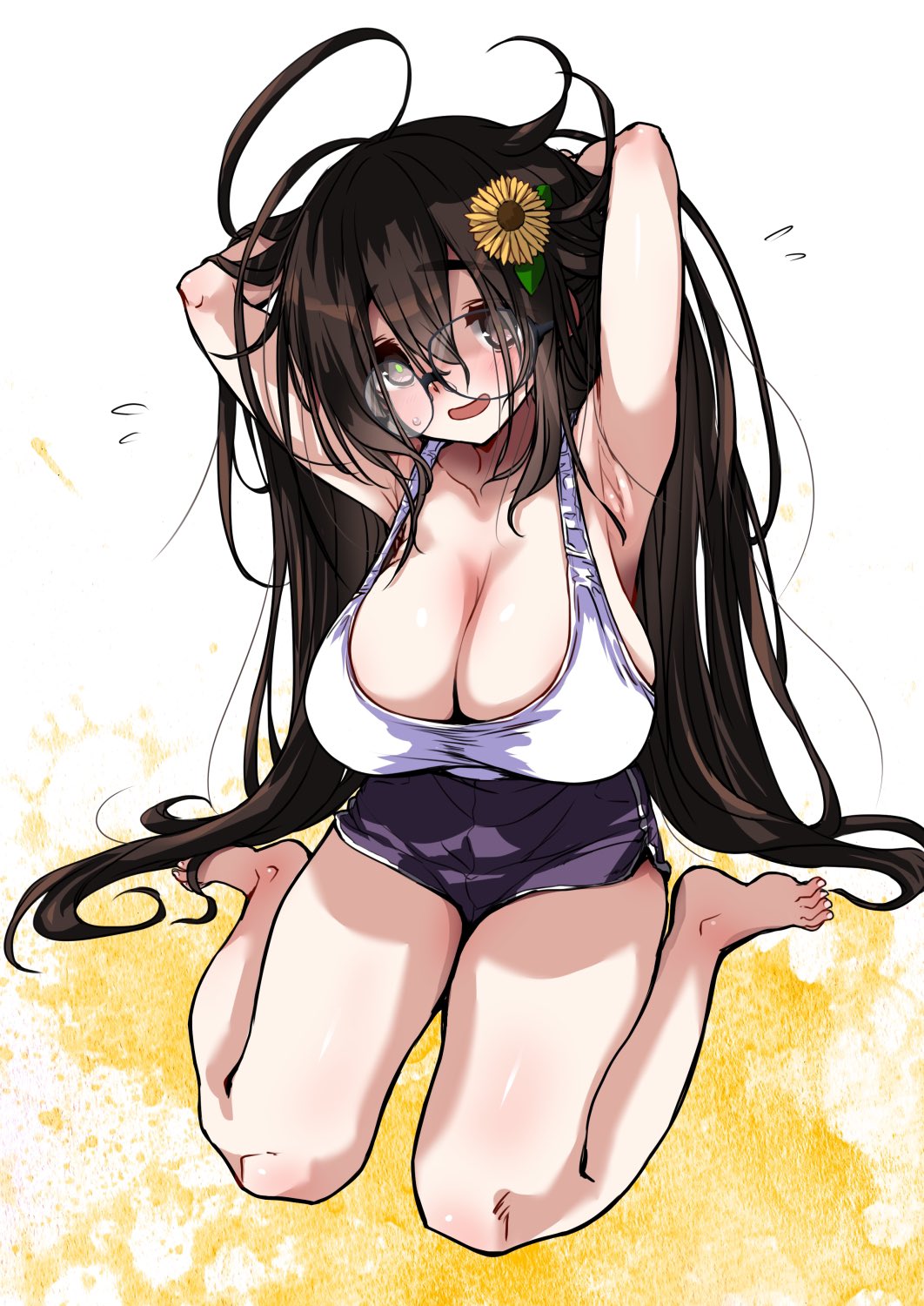 1girl armpits arms_up bare_legs barefoot black_hair breasts brown_eyes cleavage copyright_request dolphin_shorts feet flower flying_sweatdrops full_body glasses hair_flower hair_ornament head_tilt highres hirowa_nagi large_breasts long_hair looking_at_viewer messy_hair round_eyewear shorts simple_background sleeveless solo sunflower sunflower_hair_ornament tank_top toes very_long_hair white_background
