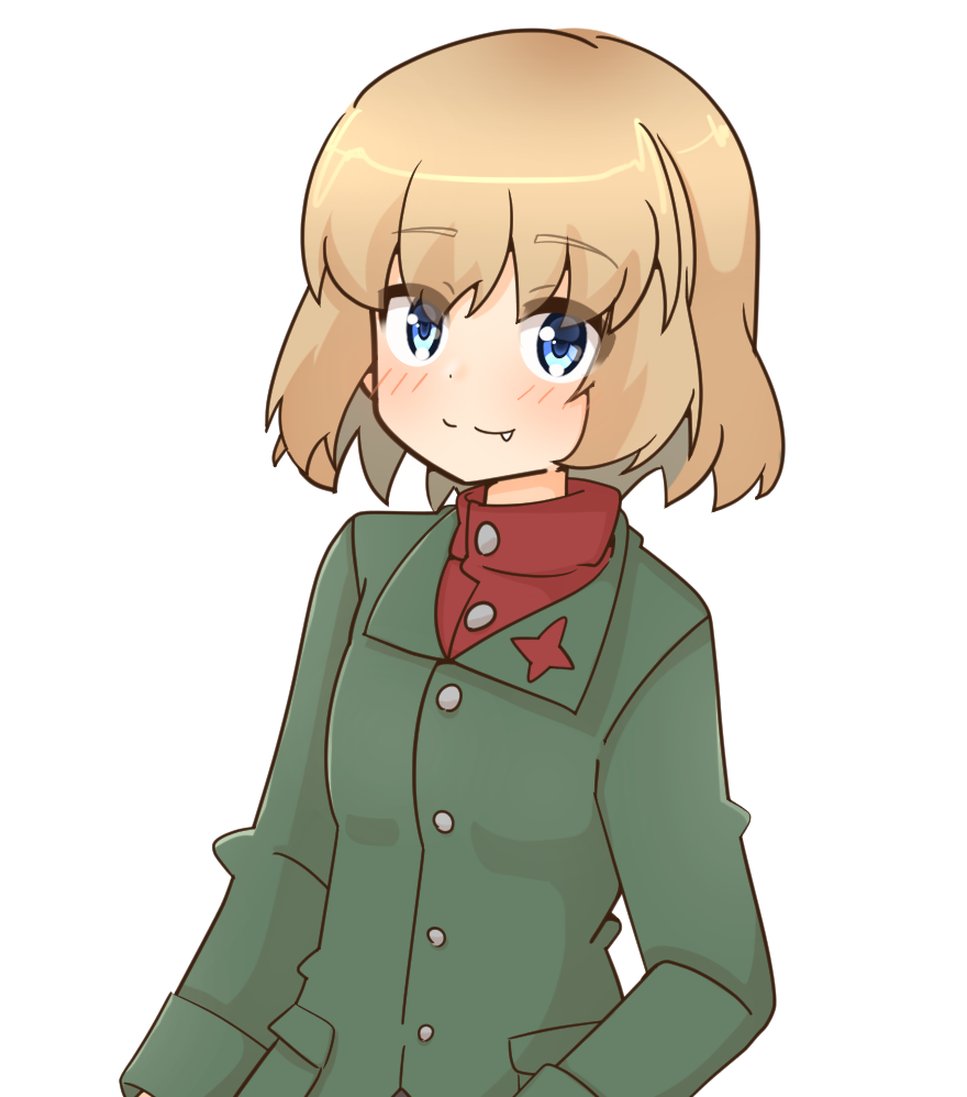 1girl blonde_hair blue_eyes bob_cut closed_mouth commentary fang girls_und_panzer green_jacket jacket katyusha_(girls_und_panzer) light_blush long_sleeves looking_at_viewer pravda_school_uniform red_shirt rico_(rico-tei) school_uniform shirt short_hair simple_background smile solo turtleneck upper_body white_background