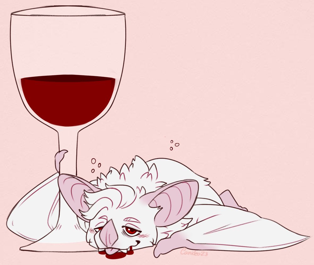 anthro anthrofied astarion_(baldur's_gate) baldur's_gate bat blood blush bodily_fluids canideo container cup drinking_glass drunk fur glass glass_container glass_cup male mammal red_eyes solo substance_intoxication white_body white_fur wine_glass wings