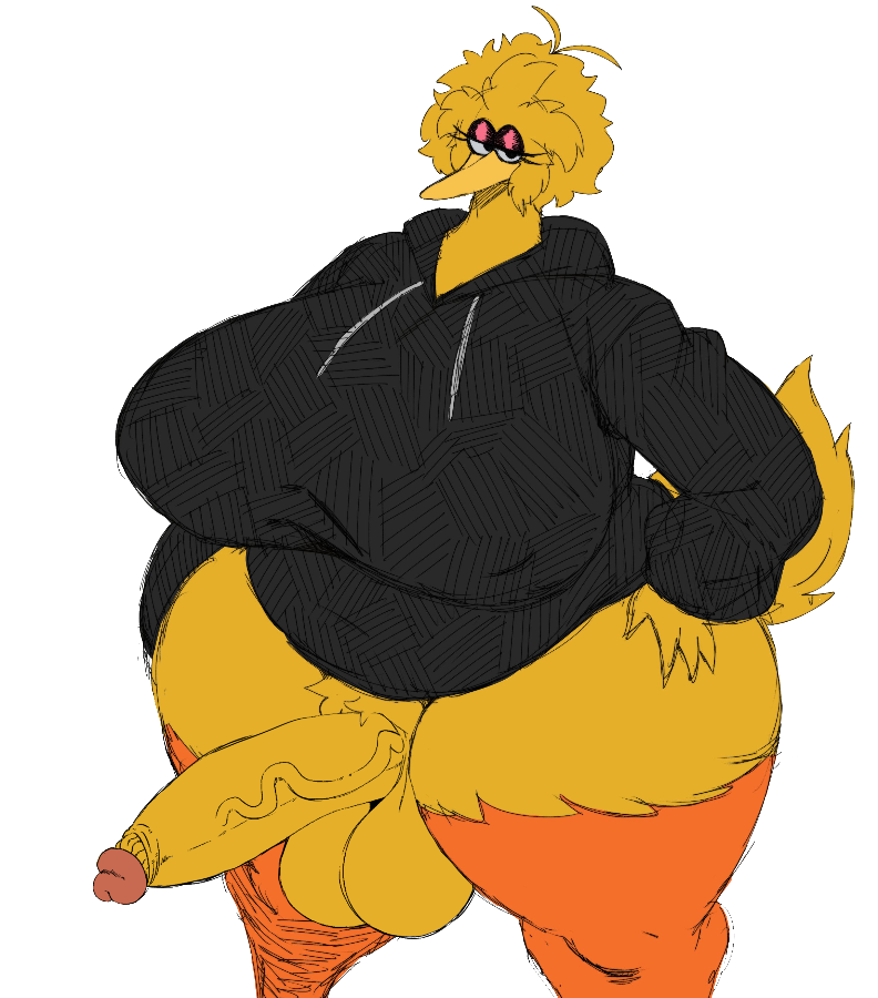 2023 anthro avian beak big_bird big_breasts bird blonde_hair bottomless breasts clothed clothing crossgender duo female gynomorph hair hoodie huge_breasts huge_hips huge_thighs humanoid intersex larger_female looking_at_viewer male muppets overweight sesame_street size_difference smaller_male smoking sssonic2 thick_thighs third-party_edit topwear wide_hips yellow_body