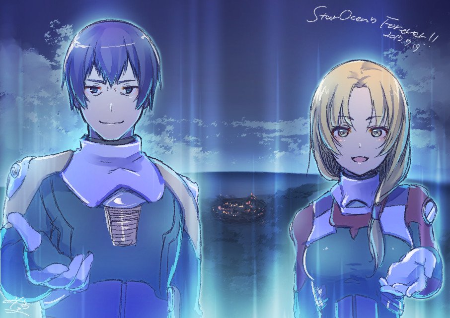 1boy 1girl black_bodysuit blonde_hair blue_eyes blue_hair bodysuit breasts closed_mouth cloud dated gloves ilia_silvestri long_hair looking_at_viewer misono_mitama open_mouth ronixis_kenni smile star_ocean star_ocean_first_departure yellow_eyes