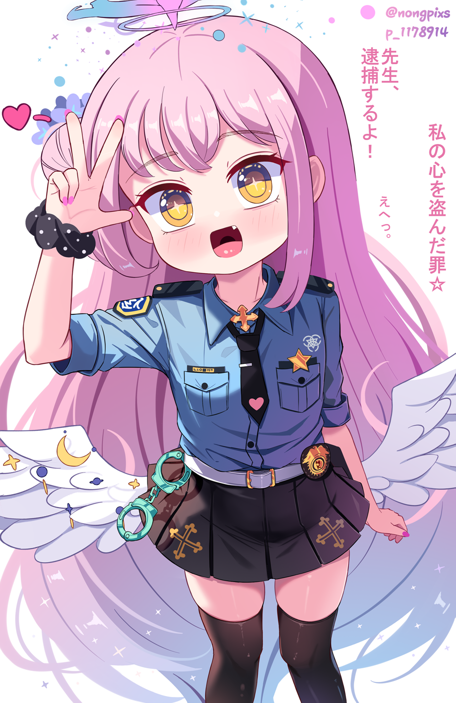1girl :d aged_down alternate_costume angel_wings belt black_necktie black_skirt black_thighhighs blue_archive blunt_bangs collared_shirt commentary_request cuffs feathered_wings flower gradient_hair hair_bun hair_flower hair_ornament halo handcuffs heart highres long_hair long_sleeves looking_at_viewer mika_(blue_archive) multicolored_hair necktie pink_hair pleated_skirt police police_badge police_uniform policewoman scrunchie shirt sidelocks simple_background single_side_bun skirt sleeves_rolled_up smile solo sseopik thighhighs tie_clip translation_request two-tone_hair uniform v white_background white_wings wings wrist_scrunchie yellow_eyes zettai_ryouiki