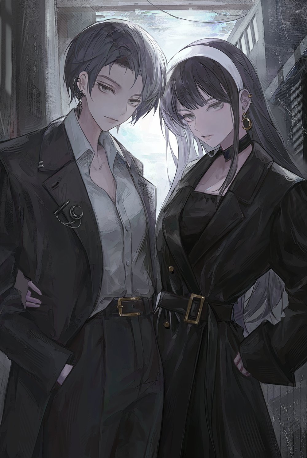 2girls alternate_costume belt black_choker black_coat black_eyes black_hair black_pants black_suit choker coat collarbone commentary contemporary cowboy_shot ear_piercing earrings final_fantasy final_fantasy_xiv hairband hand_in_pocket hand_on_another's_waist highres hyur intointt jewelry lapel_pin long_hair long_sleeves looking_at_viewer mixed-language_commentary multiple_girls outdoors pants piercing shirt shirt_tucked_in short_hair side-by-side standing straight_hair suit warrior_of_light_(ff14) white_hairband white_shirt zero_(ff14)