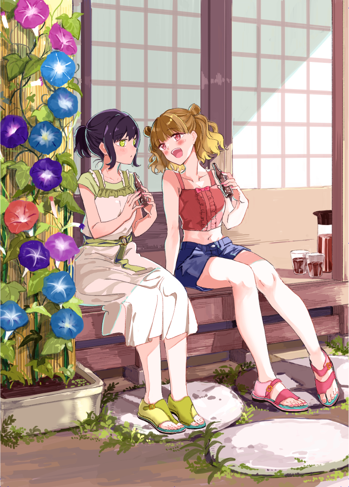 2girls bare_arms bare_shoulders blue_flower blue_shorts camisole center_frills character_request collarbone commentary_request crop_top cup day dress drink drinking_glass flower frills green_footwear green_shirt holding kutsu_no_muku_mama midriff miyabi_akino multiple_girls navel outdoors pink_footwear purple_flower red_camisole red_flower sandals shirt short_sleeves shorts sleeveless sleeveless_dress white_dress
