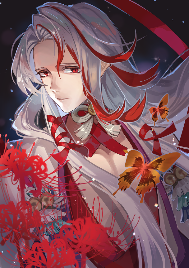 1boy bell black_background bug butterfly chinese_clothes choker flower hair_ribbon jingle_bell long_hair looking_at_viewer male_focus meng_po_tea_(the_tale_of_food) multicolored_hair neck_bell orange_butterfly parted_bangs parted_lips red_choker red_eyes red_flower red_hair red_ribbon ribbon robe sennohajime sideways_glance solo spider_lily streaked_hair the_tale_of_food tress_ribbon upper_body white_hair white_robe