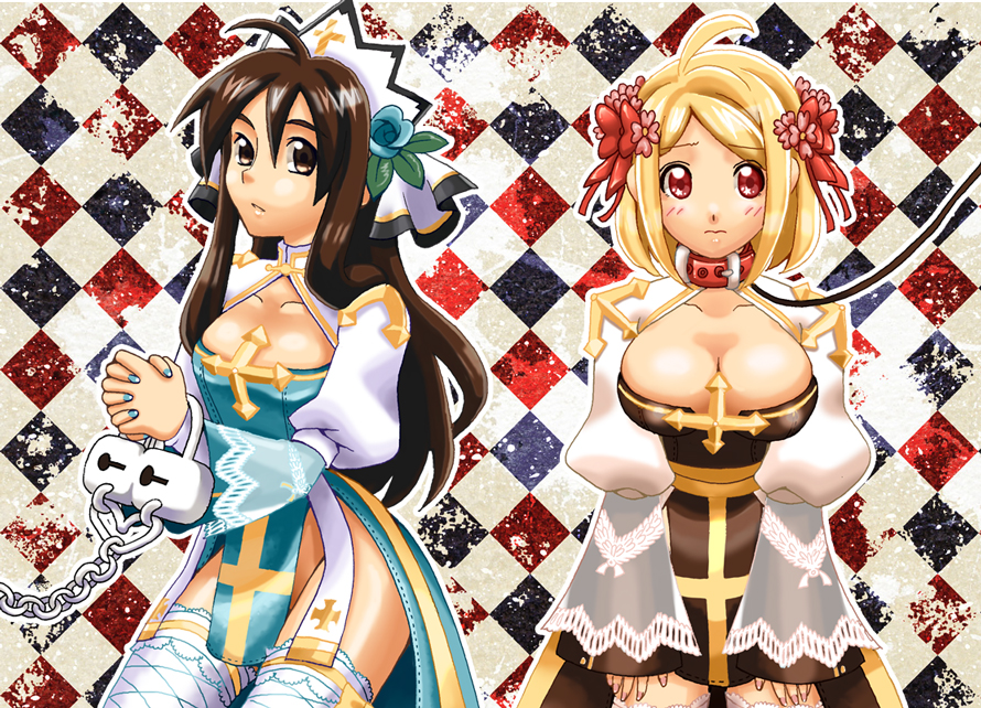 2girls ahoge arch_bishop_(ragnarok_online) blonde_hair blue_dress blue_flower blue_nails blush bow breasts brown_dress brown_eyes brown_hair checkered_background cleavage cleavage_cutout closed_mouth clothing_cutout commentary_request cowboy_shot cross cuffs dress expressionless fishnet_thighhighs fishnets flower frilled_thighhighs frills hair_between_eyes hair_bow hair_flower hair_ornament handcuffs interlocked_fingers juliet_sleeves large_breasts leaf_hair_ornament leash long_bangs long_hair long_sleeves looking_at_viewer medium_bangs multiple_girls multiple_hair_bows no_panties open_mouth own_hands_together pelvic_curtain pink_flower puffy_sleeves ragnarok_online red_bow red_eyes sash short_hair small_breasts swept_bangs thighhighs tokixwaa two-tone_dress white_dress white_thighhighs yellow_sash