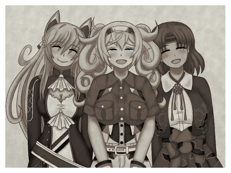 3girls azur_lane breasts chibiosaka chiyoda_(kancolle) cleavage closed_eyes commentary_request crying gambier_bay_(kancolle) glorious_(azur_lane) hair_ornament hairband historical_connection kantai_collection large_breasts long_sleeves monochrome multiple_girls open_mouth short_sleeves tears trait_connection upper_body