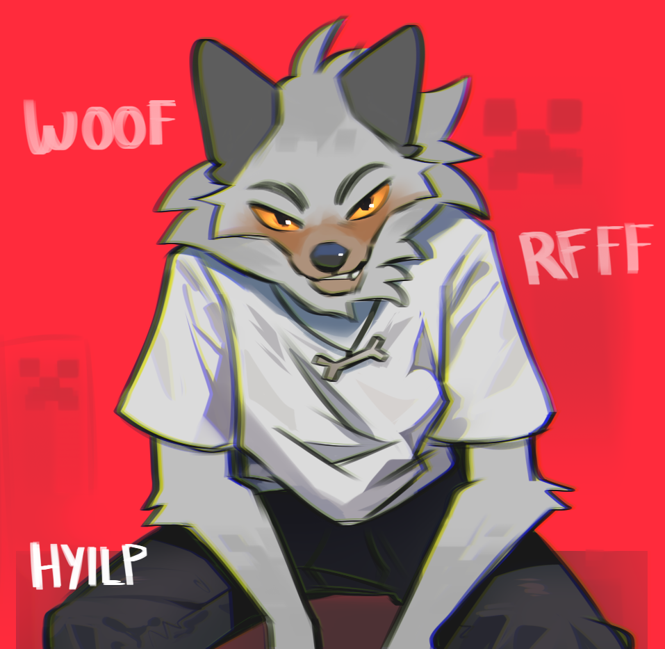 2023 anthro clothed clothing digital_media_(artwork) fully_clothed fur grey_body grey_fur hyilpi looking_at_viewer male microsoft minecraft mojang red_background signature simple_background sitting solo wolf_(minecraft) xbox_game_studios yellow_sclera