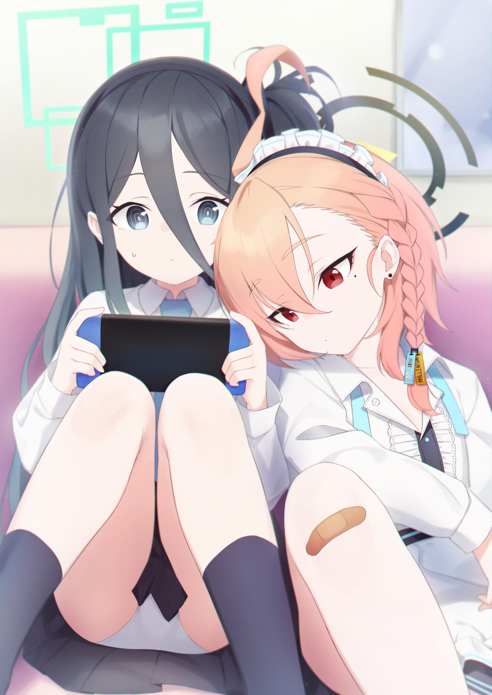2girls absurdly_long_hair ahoge apron aris_(blue_archive) ass bandaid bandaid_on_knee bandaid_on_leg black_hair blue_archive blue_necktie braid collared_shirt commentary_request couch dabuki earrings grey_eyes hair_between_eyes hair_ornament halo handheld_game_console head_rest head_tilt highres holding holding_handheld_game_console indoors jewelry knees_up leaning_on_person leaning_to_the_side long_hair long_sleeves looking_at_another looking_at_viewer maid maid_apron maid_headdress medium_hair mole mole_under_eye multiple_girls necktie neru_(blue_archive) orange_hair panties pantyshot pleated_skirt red_eyes school_uniform shirt sidelocks single_braid sitting skirt sweatdrop underwear very_long_hair white_panties white_shirt