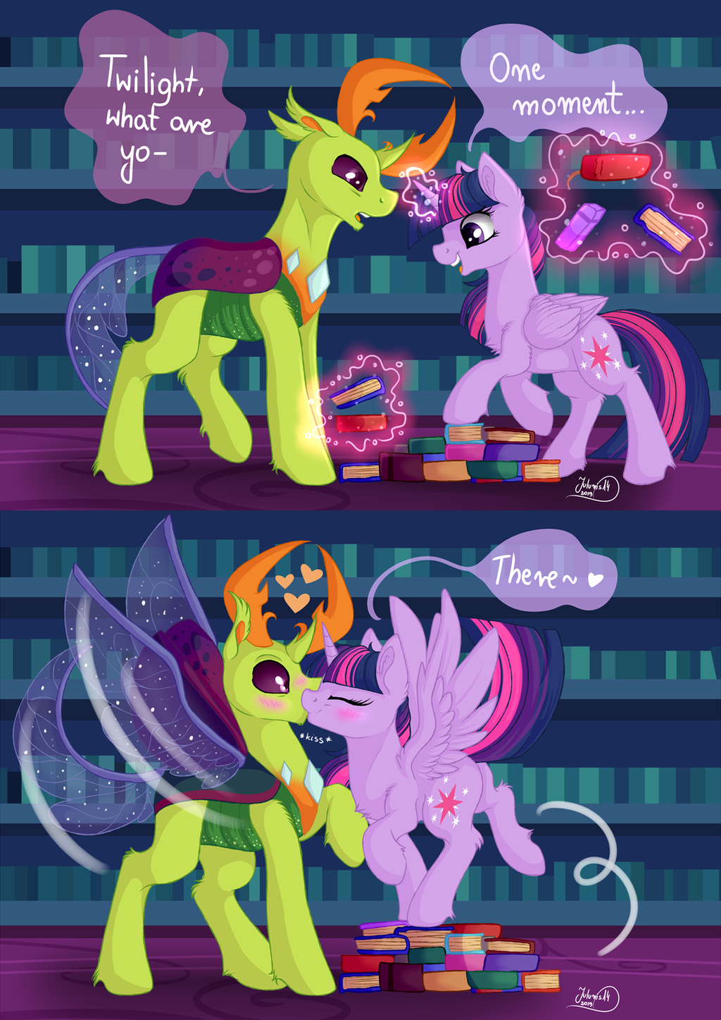&lt;3 blush book bookshelf comic dialogue english_text equid equine eyes_closed female friendship_is_magic furniture glowing hasbro hi_res horn insect_wings julunis14 kissing levitating_object levitation library magic male male/female mammal mandibles my_little_pony reformed_changeling size_difference sparkles text thorax_(mlp) twilight_sparkle_(mlp) wing_boner winged_unicorn wings