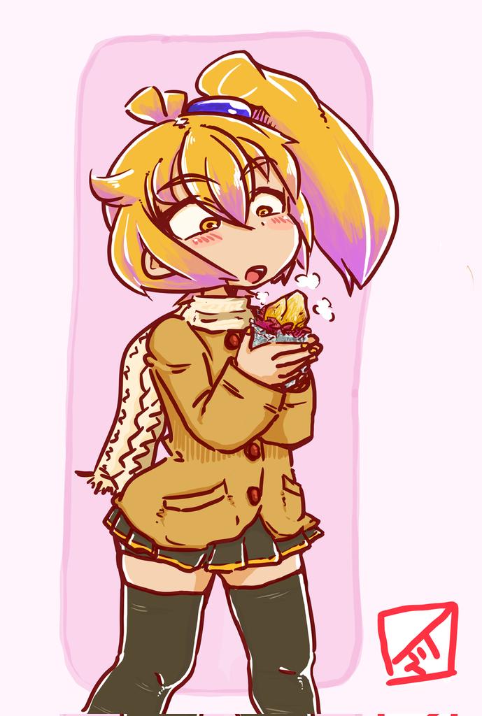 1girl akita_neru black_skirt black_thighhighs blonde_hair blush_stickers commentary corrupted_twitter_file feet_out_of_frame foil food hair_tie holding holding_food jacket knit_scarf looking_at_object looking_down medium_hair miniskirt pink_background pleated_skirt roasted_sweet_potato scarf side_ponytail signature skindentation skirt smith_hioka solo standing steam sweet_potato thighhighs vocaloid yellow_eyes yellow_jacket yellow_scarf zettai_ryouiki