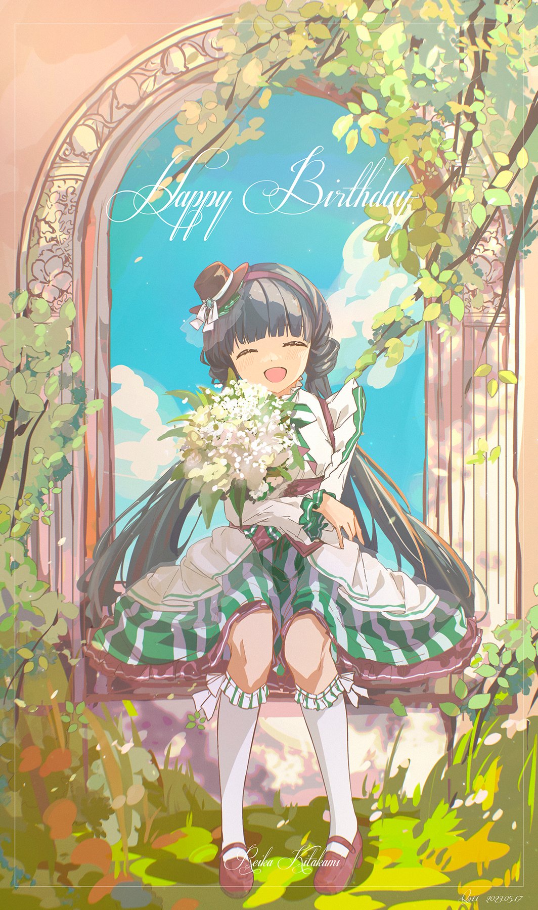 1girl blue_hair blunt_bangs bouquet bush closed_eyes cloud dress facing_viewer frilled_dress frills grass happy happy_birthday hat highres idolmaster idolmaster_million_live! kitakami_reika kneehighs long_hair long_sleeves open_mouth qs11 sitting sky smile socks striped striped_dress tree twintails very_long_hair windowsill