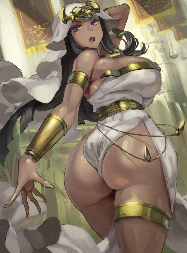 1girl armlet ass black_hair breasts dark-skinned_female dark_skin dress egyptian eye_of_horus forehead_jewel hair_tubes huge_ass ishizu_ishtar jewelry kazo_(kazozakazo) large_breasts long_hair looking_at_viewer looking_back millennium_necklace solo thick_thighs thighs wide_hips yu-gi-oh! yu-gi-oh!_duel_monsters