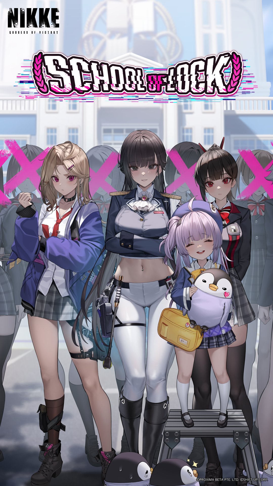 4girls ahoge arms_behind_back artist_request bag bird black_choker black_eyes black_footwear black_hair blonde_hair blue_jacket blurry blurry_background boots bow bowtie breasts brown_hair character_request choker closed_eyes collared_shirt cropped_jacket crossed_arms curvy ein_(nikke) epaulettes gloves goddess_of_victory:_nikke hair_ornament hairclip high_heels highres jacket ladder large_breasts long_hair looking_at_viewer loose_necktie midriff military_uniform miniskirt multiple_girls navel navel_piercing necktie official_art open_mouth pants penguin penguin_chick piercing plaid plaid_skirt pouch purple_hair red_bow red_bowtie red_eyes red_necktie rei_(nikke) school school_bag school_uniform shirt skirt sleeves_past_wrists socks standing stepladder thigh_strap thighhighs uniform untucked_shirt white_pants white_shirt white_socks yellow_bag