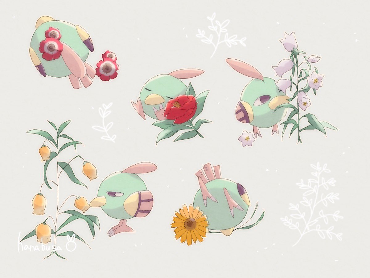 animal_focus artist_name beak bird closed_eyes colored_skin commentary_request dandelion flower green_skin grey_background hanabusaoekaki multiple_views natu no_humans pokemon pokemon_(creature) red_flower simple_background sleeping talons white_flower wings