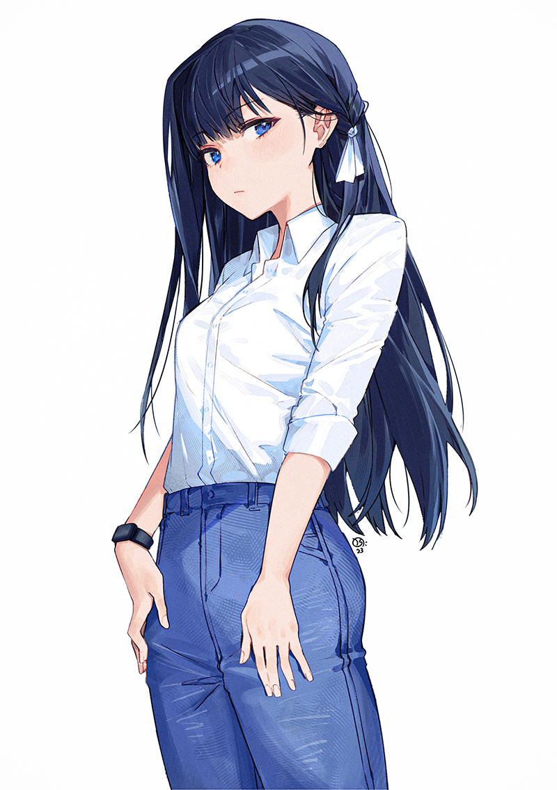 1girl blue_eyes blue_hair blue_pants blush breasts closed_mouth collared_shirt commentary dated denim dress_shirt hair_ribbon jeans long_hair looking_at_viewer nagu pants ribbon shirt shirt_tucked_in signature simple_background sleeves_past_elbows small_breasts solo tenshi_wa_tansan_shika_nomanai watch white_background white_ribbon white_shirt wristwatch yuzuki_minato