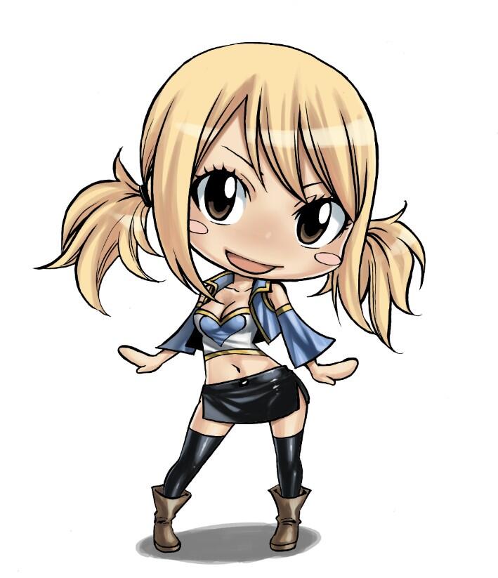 1girl black_skirt black_socks blonde_hair blue_shirt blush boots brown_eyes chibi collarbone crop_top cropped_shirt cum facial fairy_tail flexing full_body hair_ornament happy_facial looking_at_viewer low_twintails lucy_heartfilia mashima_hiro mini_person minigirl miniskirt open_mouth shirt short_twintails simple_background skirt smile socks solo standing twintails white_background