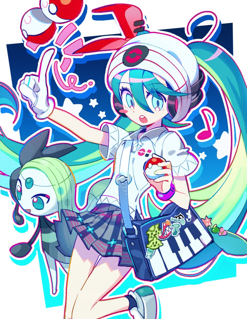 1girl bag bag_charm beanie blue_bag blue_eyes blue_hair blue_socks blush bracelet charm_(object) collared_shirt commentary_request gloves green_hair grey_skirt haepali hair_between_eyes hair_ribbon hands_up hat hatsune_miku headphones highres holding holding_poke_ball index_finger_raised jewelry korean_commentary long_hair meloetta meloetta_(aria) multicolored_hair musical_note open_mouth outline piano_print plaid plaid_skirt pleated_skirt poke_ball poke_ball_(basic) pokemon pokemon_(creature) polo_shirt project_voltage psychic psychic_miku_(project_voltage) red_ribbon ribbon shirt shoes short_sleeves shoulder_bag single_glove skirt smile sneakers socks standing standing_on_one_leg star_(symbol) twintails very_long_hair vocaloid white_footwear white_gloves white_headwear white_outline white_shirt