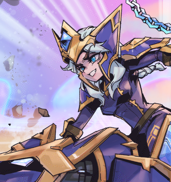 1girl animal belt blue_background blue_eyes bodysuit braid braided_ponytail breasts bristle brown_belt chain gem grin large_breasts league_of_legends long_hair multicolored_background phantom_ix_row purple_background purple_bodysuit riding rock sejuani shoulder_plates single_braid smile teeth white_hair