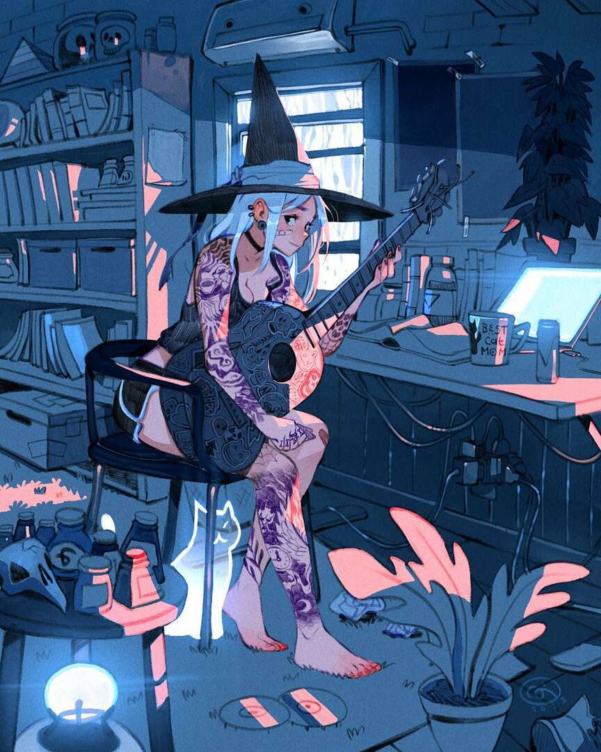 1girl arm_tattoo bandaid bandaid_on_face barefoot blue_hair book box can cardboard_box cat cd copyright_request cup earrings ghost guitar hat image_sample instrument jewelry leg_tattoo mug plant plug potted_plant simz skull solo tablet_pc tattoo twitter_sample witch_hat