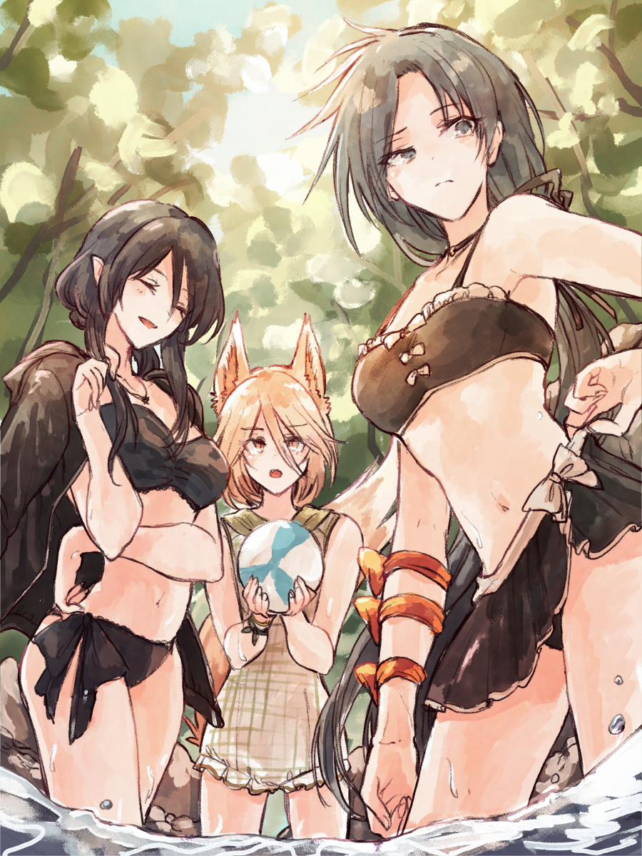 3girls :d ^_^ alternate_costume animal_ear_fluff animal_ears bad_link ball bikini black_bikini black_hair black_jacket blonde_hair bow brown_tail closed_eyes closed_mouth contrapposto cowboy_shot day fox_ears fox_girl fox_tail from_below green_one-piece_swimsuit grey_hair hair_between_eyes hand_in_own_hair hand_up highres himemushi_momoyo hisona_(suaritesumi) holding holding_ball iizunamaru_megumu jacket jacket_on_shoulders kudamaki_tsukasa light_blush long_bangs long_hair long_sleeves multiple_girls navel one-piece_swimsuit open_clothes open_jacket open_mouth orange_bow outdoors playing_with_own_hair pointy_ears pond sidelocks smile standing swimsuit tail touhou wading water white_bow yellow_eyes yellow_tail